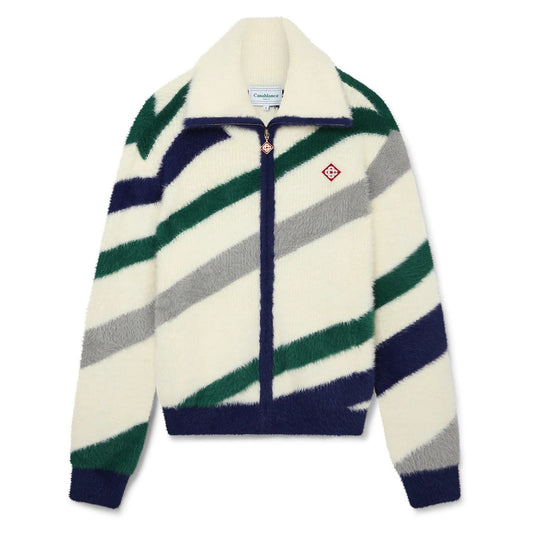 DIAGONIAL STRIPED FLUFFY ZIP UP JUMPER SWEATSHIRT